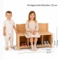 Preview: Kinder Sitzbank mit 3 Fächern im Größenvergleich mit Kindern – Maße und Sitzhöhe sichtbar.